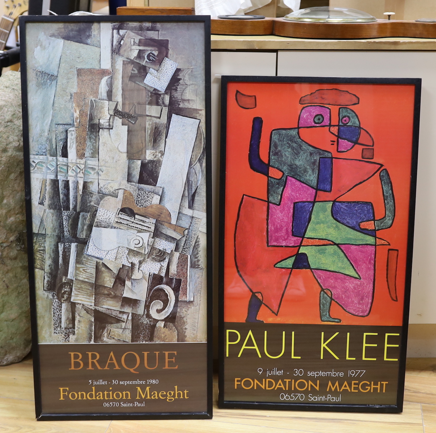 Paul Klee 1977 and Braque 1980 framed vintage posters, one Maeght Editeur, Imprimeri Arte, largest 86 x 37cm